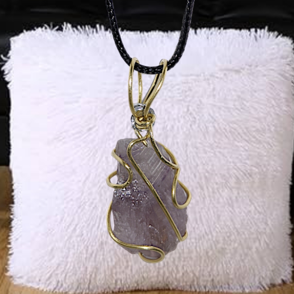 Raw Amethyst Stone Wire Pendant with 18" Black Wax Leather Necklace